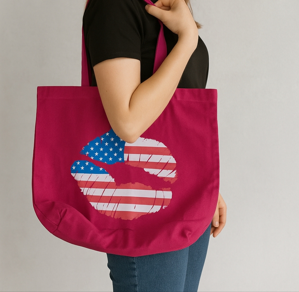 🇺🇸 American Flag Lips Tote Bag Red Canvas Reusable Shopper | 4th of July